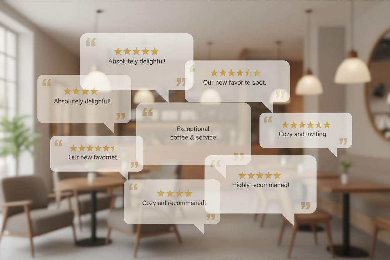 Background image that projects customer reviews and community comments