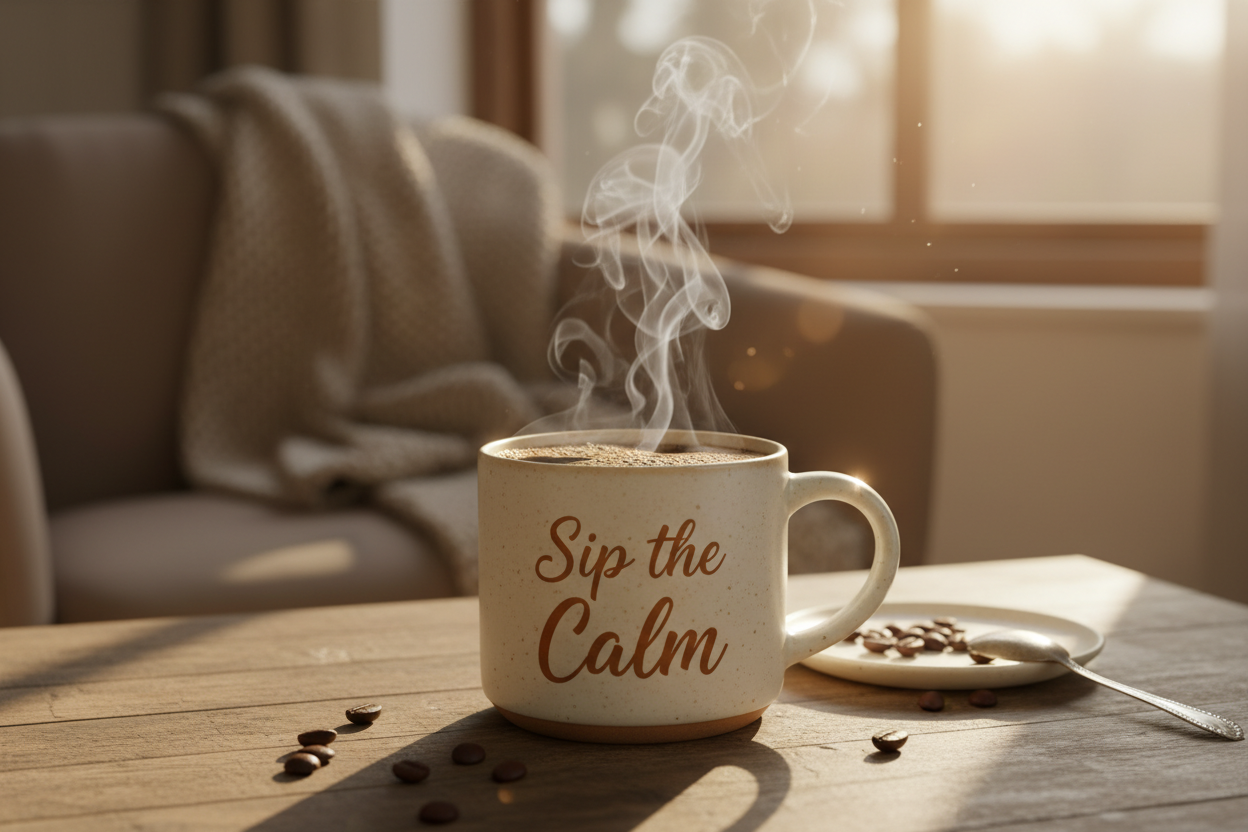 Coffee Cup steaming with the caption of "Sip the Calm"